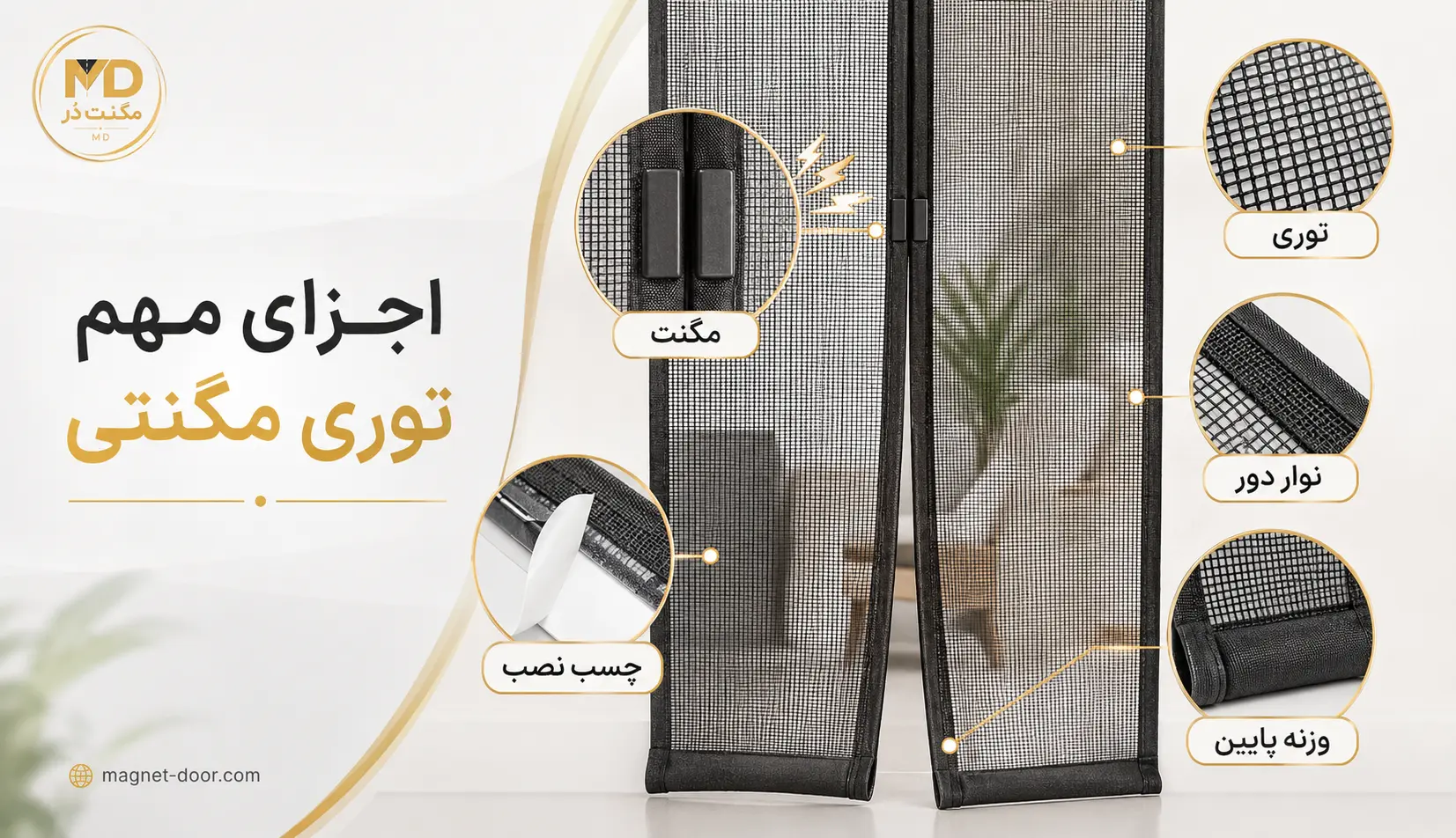 اجزای مهم توری مگنتی درب جزئیات مگنت میانی، بافت توری، نوار دور، چسب نصب و وزنه پایین پرده