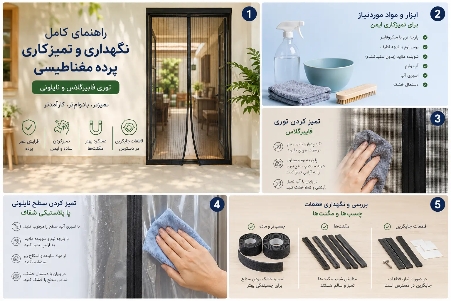 بررسی چسب و مگنت پرده مغناطیسی جزئیات نوار اتصال نر و ماده و مگنتهای میانی پرده مغناطیسی