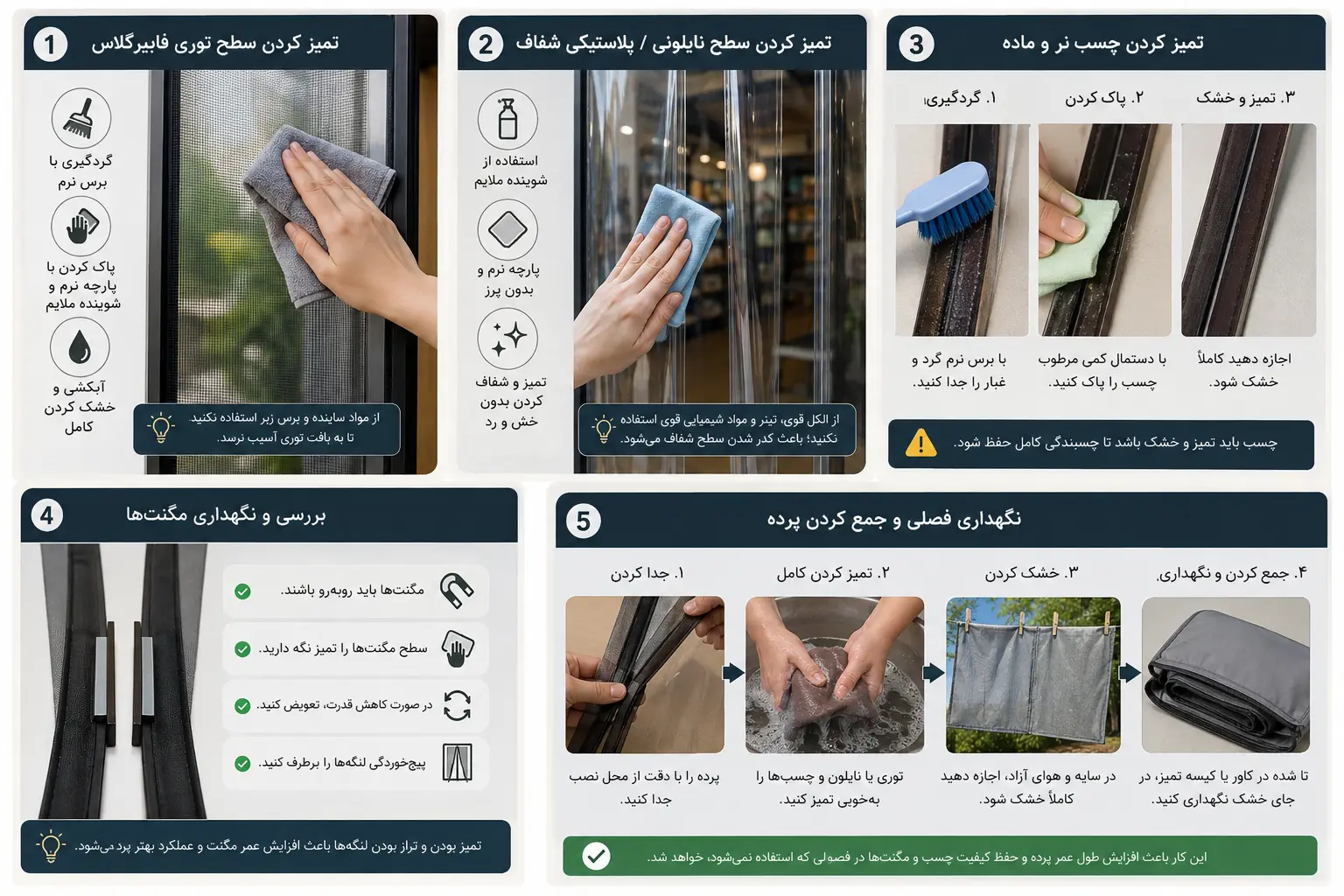 بررسی پرده مغناطیسی قبل از نصب مجدد بررسی توری، نوار اتصال، مگنتها و تراز پرده پیش از نصب مجدد