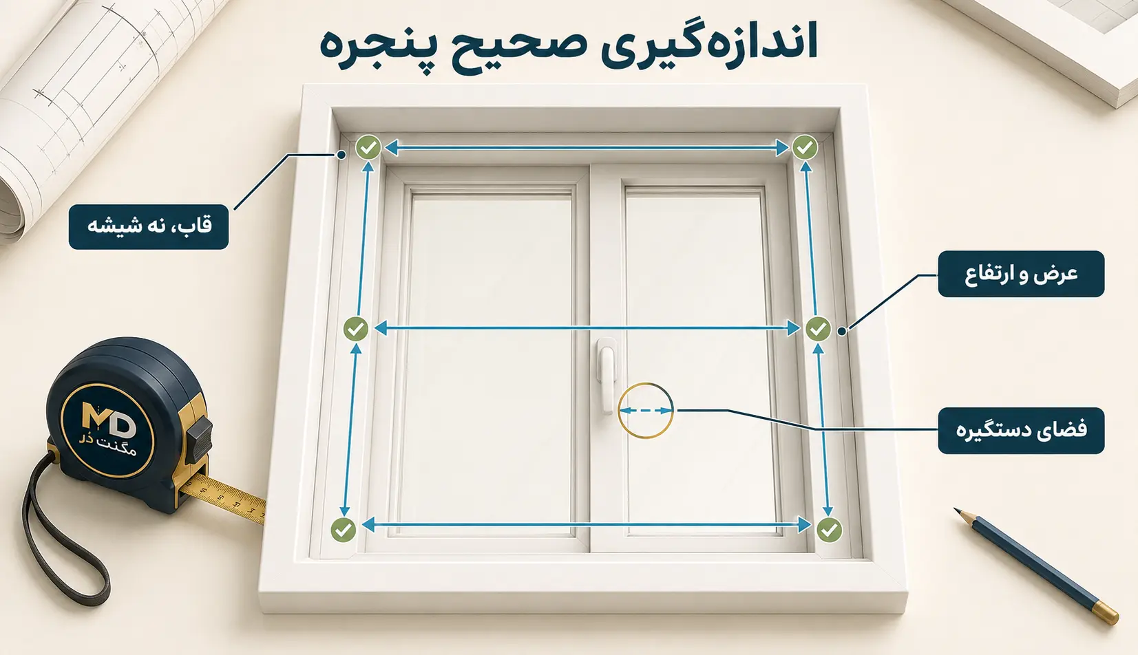 اندازهگیری صحیح پنجره برای سفارش توری مگنتی آموزش اندازهگیری عرض و ارتفاع قاب پنجره و بررسی فضای دستگیره برای توری مگنتی