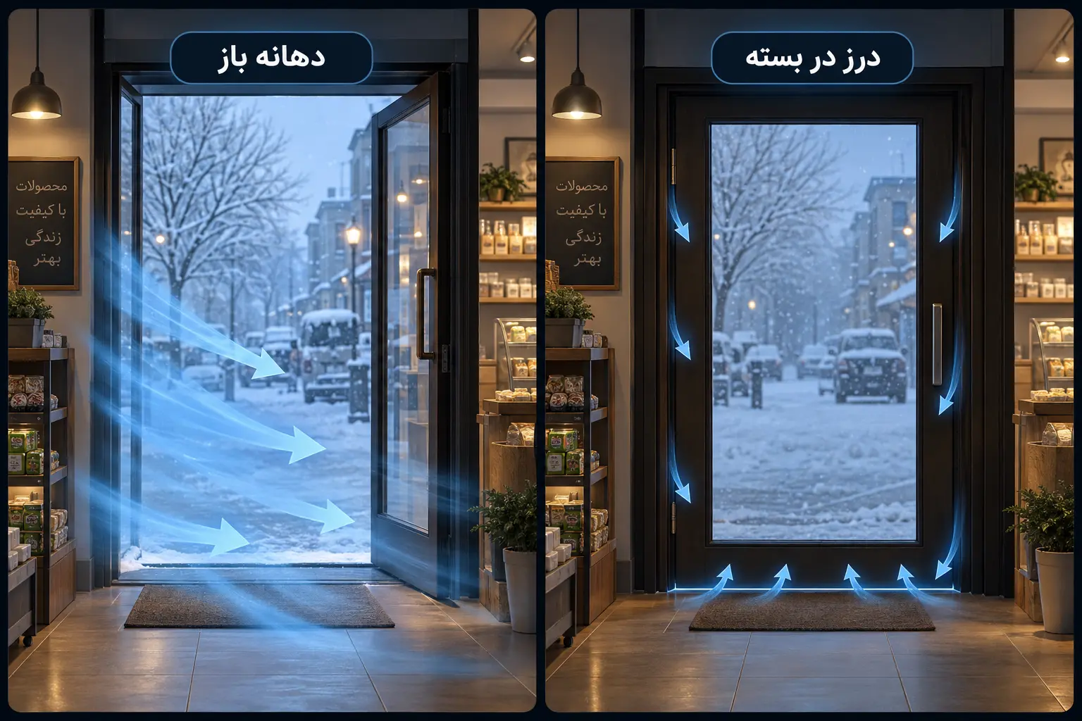 مقایسه دهانه باز و درز در بسته مقایسه ورود هوای سرد از دهانه باز مغازه با نشت هوا از درزهای در بسته