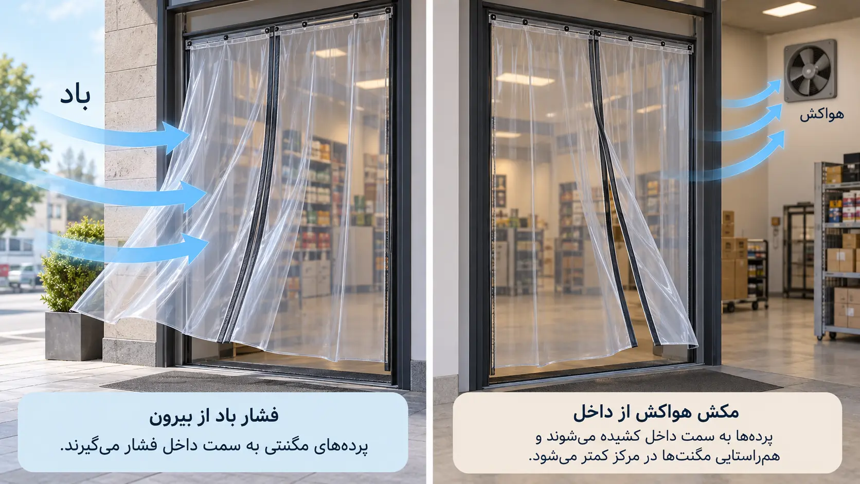 اثر باد و هواکش بر عملکرد پرده نایلونی مغناطیسی اثر فشار باد بیرون و مکش هواکش داخل بر عملکرد پرده نایلونی مغناطیسی در ورودی مغازه