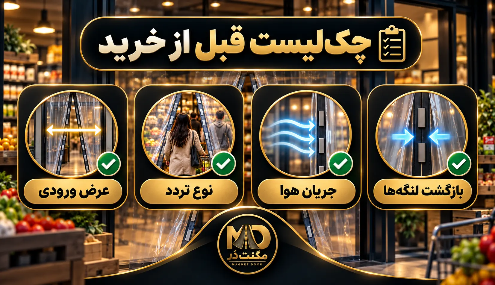 چک‌لیست تصویری عرض ورودی، نوع تردد، جریان هوا و بازگشت لنگه‌های پرده مغناطیسی مغازه