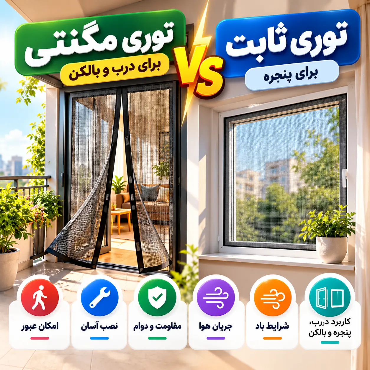 توری مگنتی یا توری ثابت؟ مقایسه برای درب، پنجره و بالکن مقایسه توری مگنتی دولنگه برای درب و بالکن با توری ثابت قابدار برای پنجره