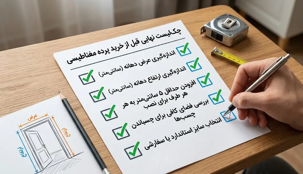 چکلیست نهایی اندازهگیری پرده مغناطیسی قبل از خرید چکلیست نهایی و تصویری اندازهگیری پرده مغناطیسی شامل عرض، ارتفاع، حاشیه ۵ سانتیمتری و فضای چسب