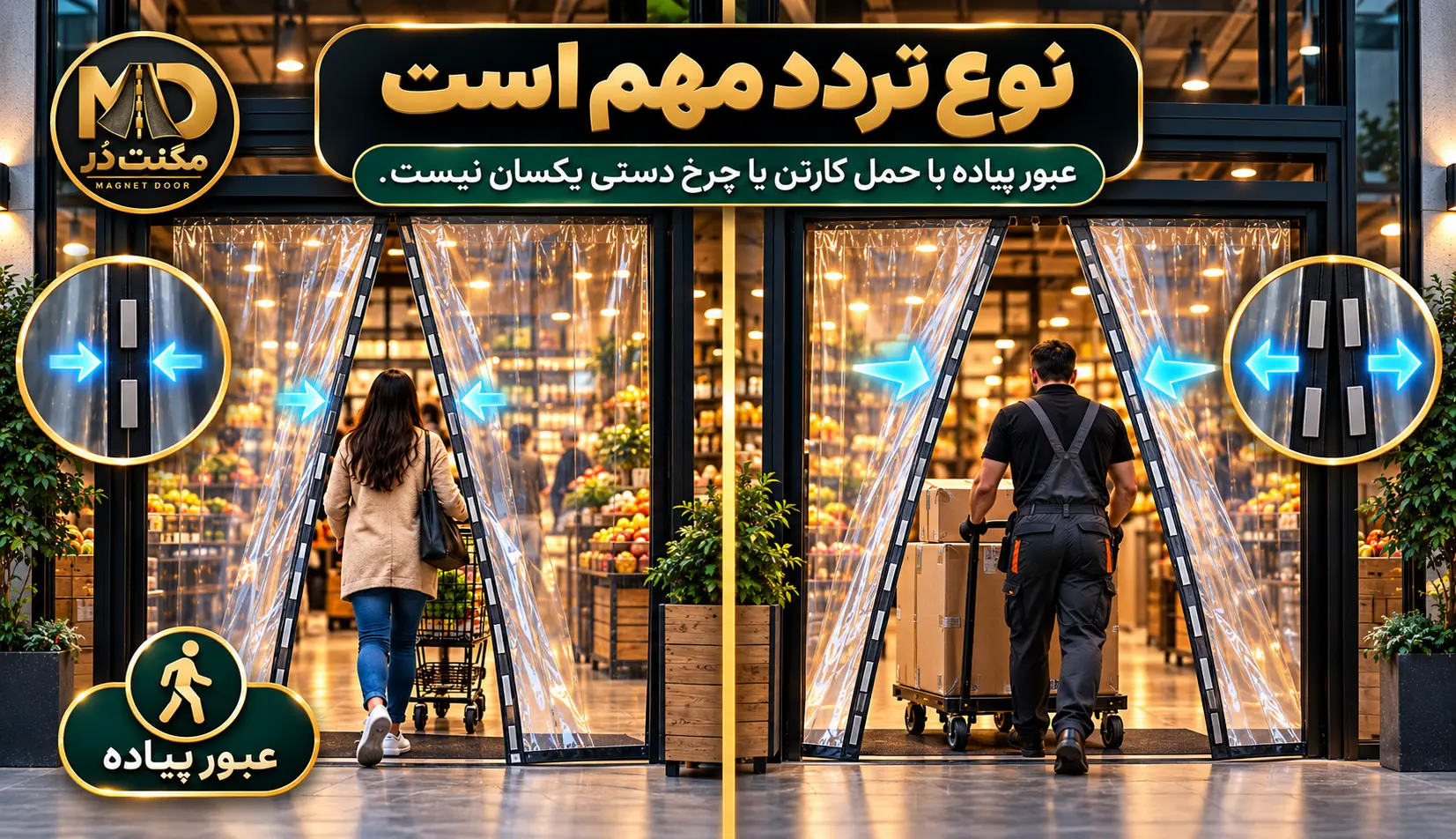 مقایسه عبور مشتری پیاده با عبور کارگر و چرخ دستی حمل کارتن از پرده نایلونی ورودی مغازه