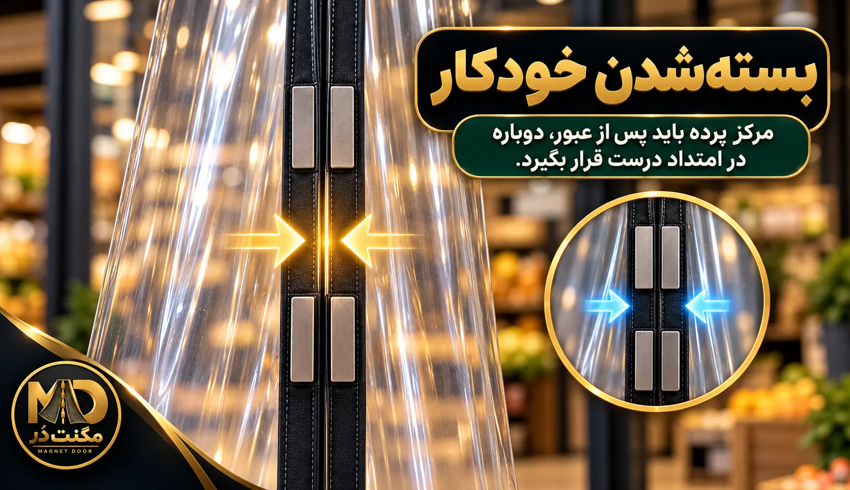 نمای نزدیک آهنرباهای روبه‌روی هم در خط میانی دو لنگه پرده نایلونی مغناطیسی