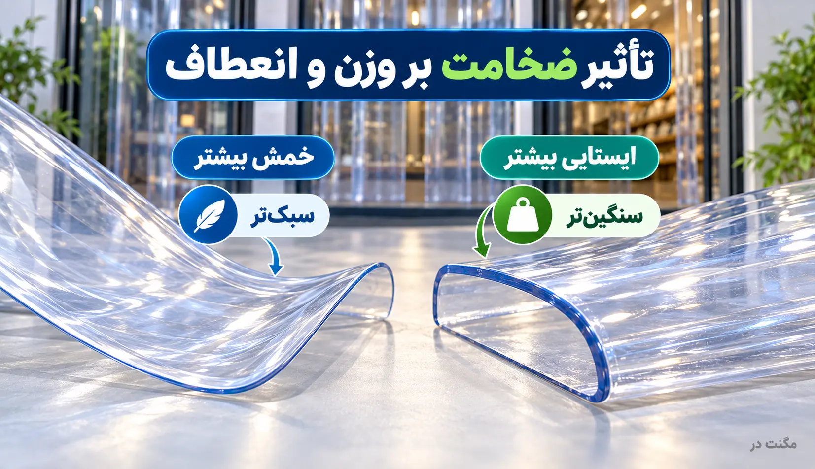 تأثیر ضخامت نایلون درب مغازه بر وزن و انعطاف مقایسه خمشدن دو ورق پلاستیکی شفاف با ضخامت متفاوت و نمایش تفاوت وزن و ایستایی