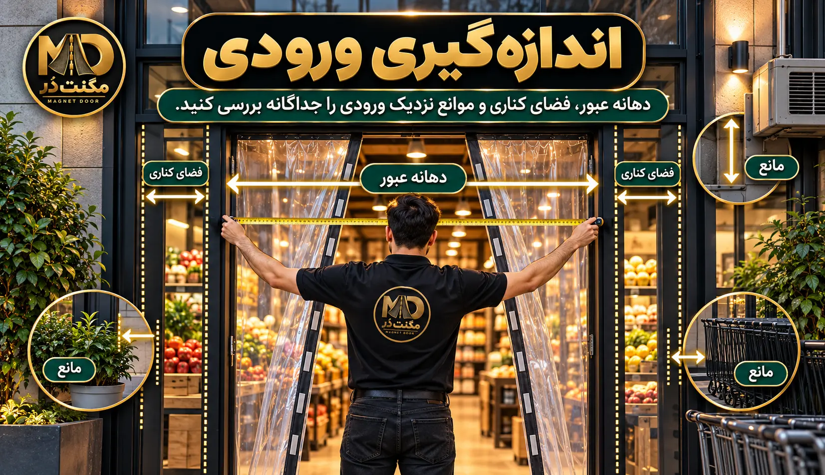 اندازه‌گیری عرض ورودی مغازه و بررسی فضای اتصال پرده نایلونی مغناطیسی در دو طرف چهارچوب