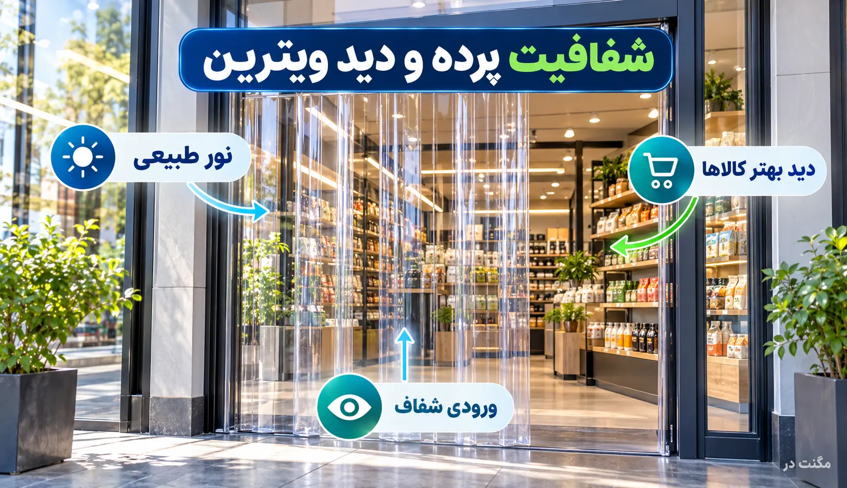شفافیت پرده پلاستیکی و تأثیر آن بر دید ویترین ورودی مغازه با پرده پلاستیکی نواری شفاف و نمای قابل مشاهده کالاها و قفسههای داخل فروشگاه